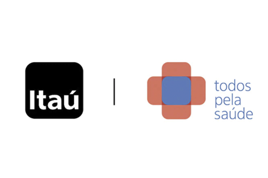 Lado esquerdo logomarca Itaú, barra vertical no meio, lado direito logomarca Todos pela Saúde